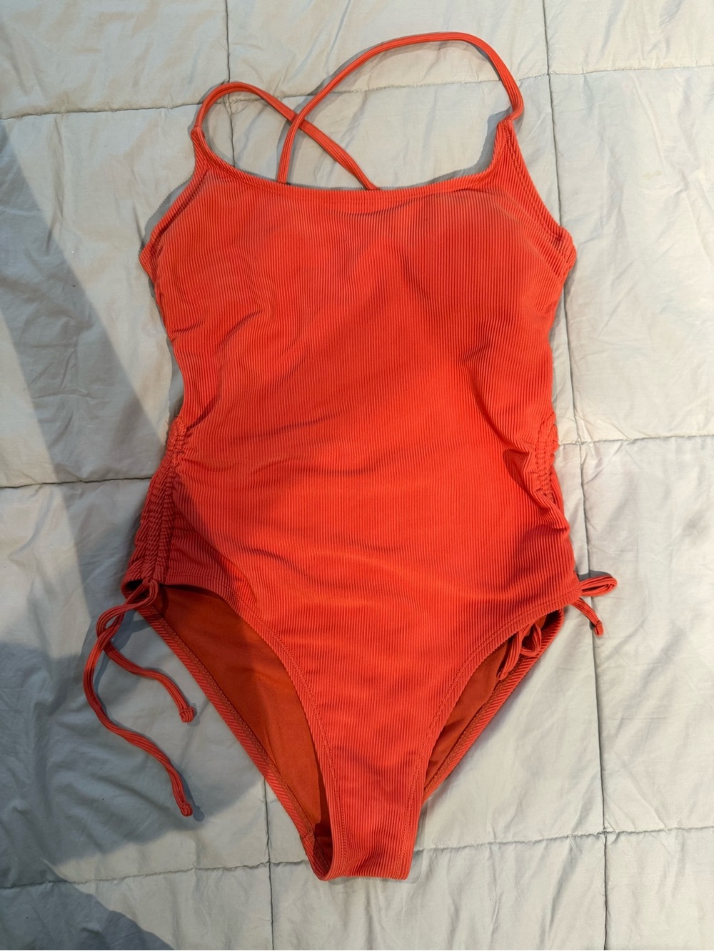 Xhilaration Bright Orange Ribbed One-Piece Swim Suit with Side Ties
